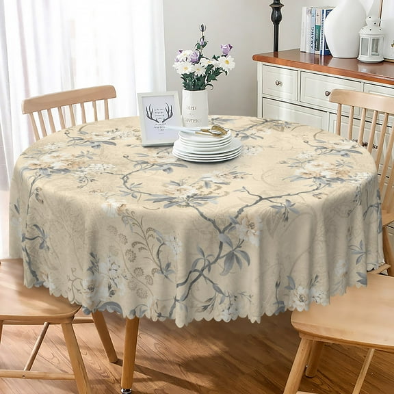 Nanqianyi Retro Floral Beige Tablecloth Round 70" , Grey Blue Leaves White Blooming Flowers Waterproof Table Cloth for Kitchen Dinner Decor