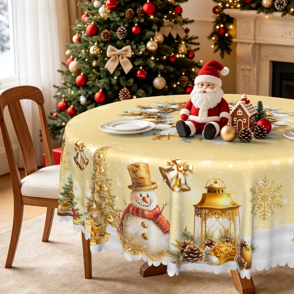 Nanqianyi Round 70'' Yellow Tablecloth Christmas Wreath Snowman Xmas Tree Circle Table Cloth for Kitchen Dinner