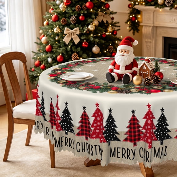 Nanqianyi Round Christmas Tablecloth 70 Inch, Winter Xmas Trees Pine Cone Balls Printed Washable Table Cloth for Kitchen Dinner Decor