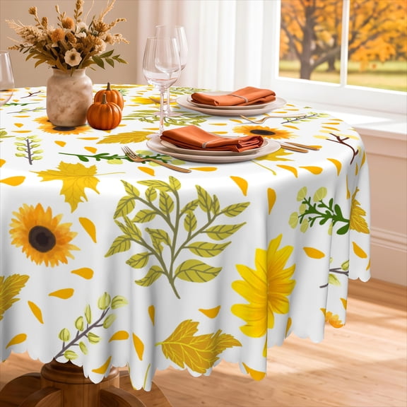 Nanqianyi Round Tablecloth 60 inch Autumn Maple Leaves And Sunflowers Pattern Washable Table Cloth Cover For Kitchen Decor