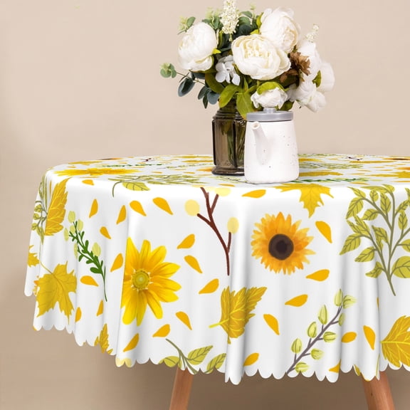 Nanqianyi Round Tablecloth 60 inch Autumn Maple Leaves And Sunflowers Pattern Washable Table Cloth Cover For Kitchen Decor