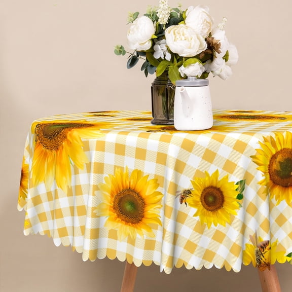 Nanqianyi Round Tablecloth 60 inch Sunflowers Yellow Striped Grid Perfect for Kitchen Decor, Outdoor Picnic Washable Table Cloth