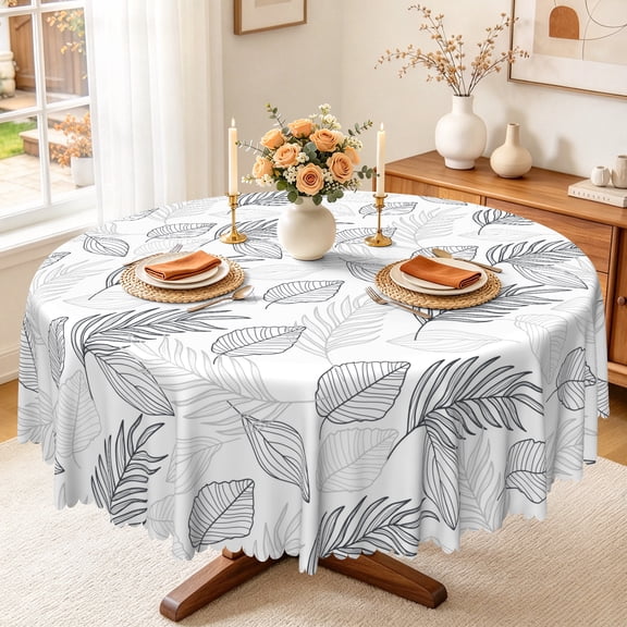 Nanqianyi Round Tablecloth 60 inch Waterproof, Black And White Leaf Pattern, Modern Style Indoor Kitchen Decor Table Cover