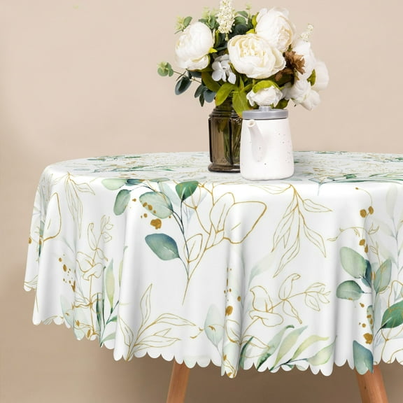 Nanqianyi Round Washable Tablecloth 70 inch Gold And Green Eucalyptus Leaves Pattern Perfect For Kitchen, Outdoor Party Decor