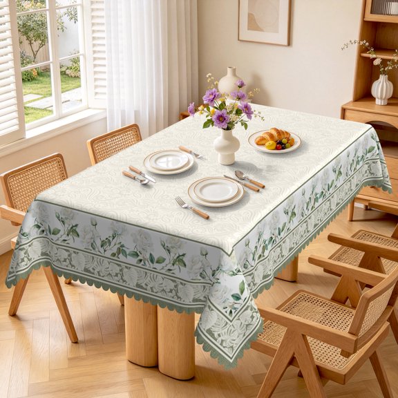 Nanqianyi Rustic Green Flower Edge Table Cover,70x52 Inch,Stain Resistant Easy Clean Indoor Outdoor Party Dining Table Decor