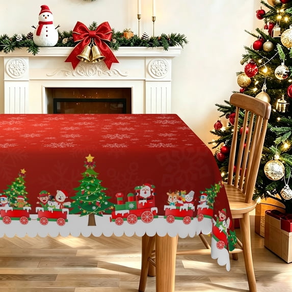 Nanqianyi Snowflake Cartoon Train Christmas Tablecloth,60"x84",Waterproof Stain Resistant
