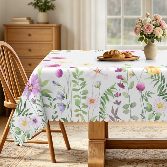 Nanqianyi Spring Floral Tablecloth Waterproof & Oil 60" x 84" Green Leaves Printed For Dinner Party