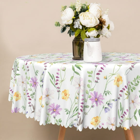 Nanqianyi Spring Wildflower Round Tablecloth 60 inch, Watercolor Flowers Plants for Kitchen Dinner Decor Table Cloth Cover