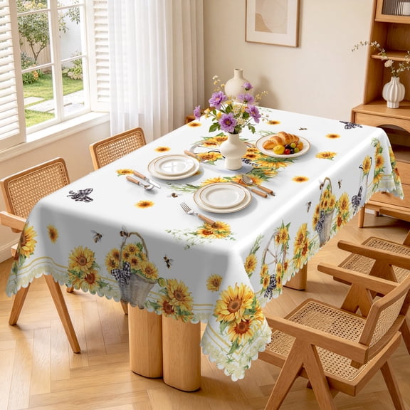 Nanqianyi Sunflower Tablecloth, Orange Floral Printed Rectangle Tables 54 x 72 Inch, Waterproof White Polyester Table Cloth for Kitchen Dinner Decor