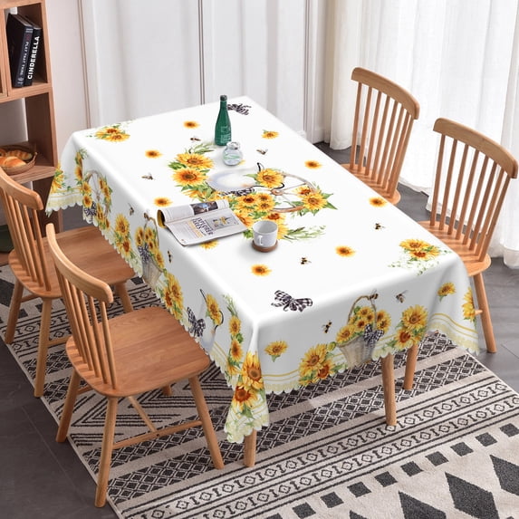 Nanqianyi Sunflower Tablecloth, Orange Floral Printed Rectangle Tables 60 x 84 Inch, Waterproof White Polyester Table Cloth for Kitchen Dinner Decor