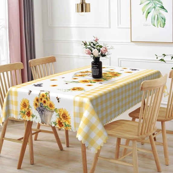Nanqianyi Sunflowers Tablecloths 60 x 120 Inch Rectangle, Yellow Plaid Flower Basket Printed Polyester Fabric Waterproof Table Cloth for Kitchen Dining Room