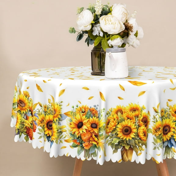 Nanqianyi Sunny Sunflowers Round Tablecloth 60 inch Autumn Warm Yellow Leaves Waterproof & Oil Table Cloth Cover