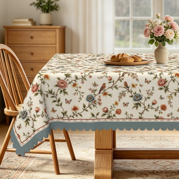 Nanqianyi Vintage Beige Floral Tablecloth,52x70 Inch,Stain Resistant Waterproof Table Cover for Dining Room Kitchen Party Decor