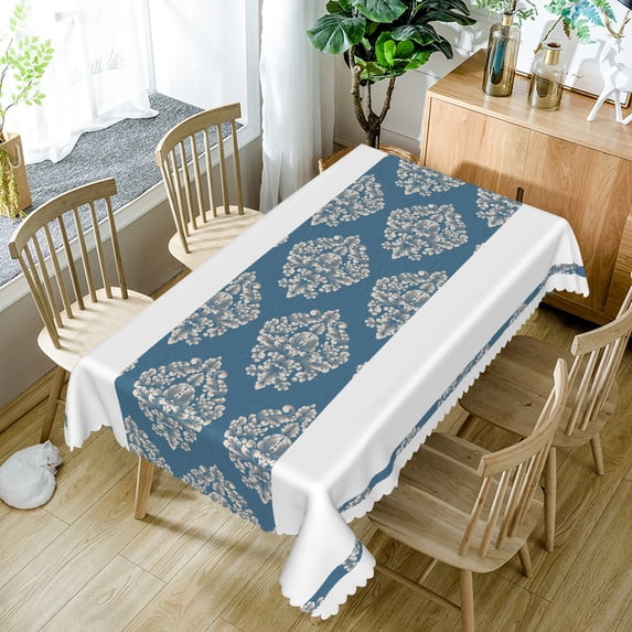 Nanqianyi Vintage Blue Damask Floral Rectangle Tablecloth,84x60 Inch,Waterproof Oilproof Machine Washable Table Cover