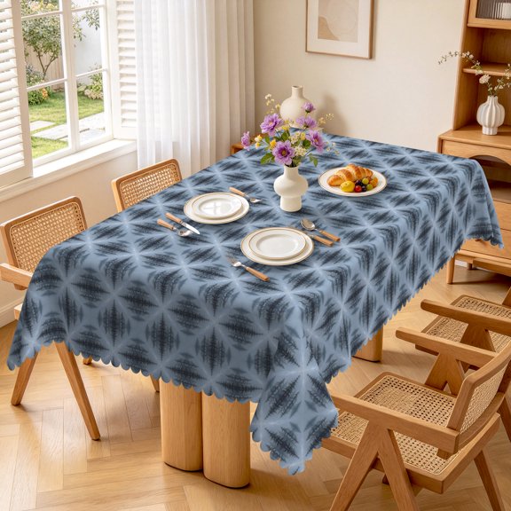 Nanqianyi Vintage Bule Flower Geometric Patterns Table Cover,70x52 Inch,Stain Resistant Easy Clean For Kitchen Dining
