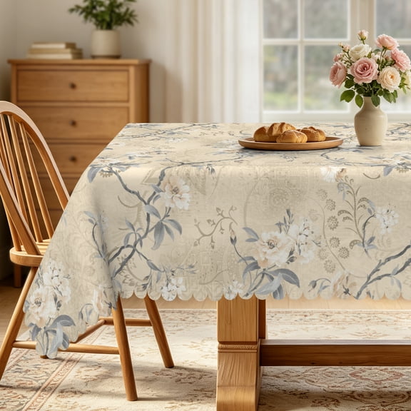 Nanqianyi Vintage Floral Beige Tablecloth Rectangle 52" x 70" Grey Blue Leaves Waterproof Table Cover for Dinner Decor