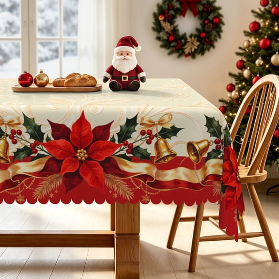 Nanqianyi Vintage Poinsettia Christmas Rectangle Tablecloth,52x70 Inch,Waterproof Stain Resistant Table Cover For Party Decoration