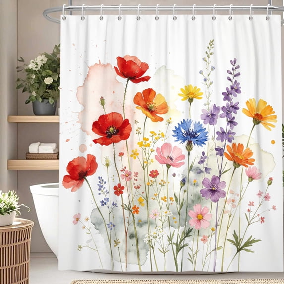 Nanqianyi Watercolor Poppy Wildflower Shower Curtain,36x72 Inch Waterproof Polyester Bath Curtain With Hooks