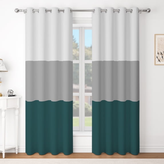 Nanqianyi White Grey Teal Stripe Blackout Curtains,2 Panels,Thermal Insulated,Grommet Top,63 Inch