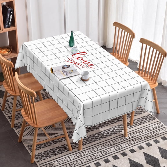 Nanqianyi White Grid "Love" Patterned Waterproof Tablecloth 60" x 84" Washable Table Cloth Cover Decor For Kitchen