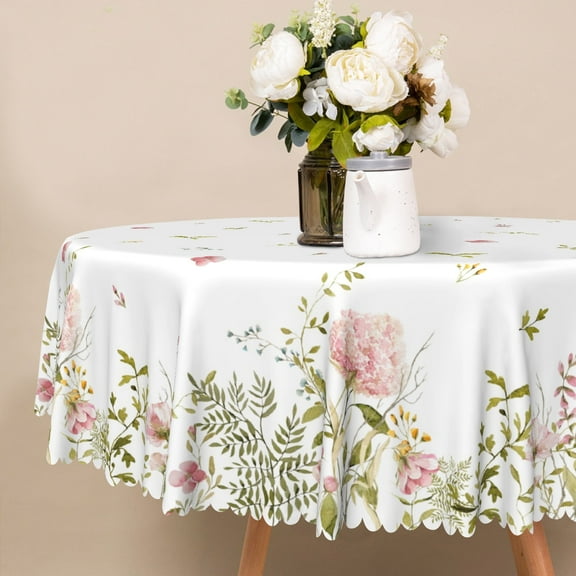 Nanqianyi White Round Tablecloth 70 inch With Pink Floral Green Leaves Plants, Waterproof Table Cover for Kitchen Decoration