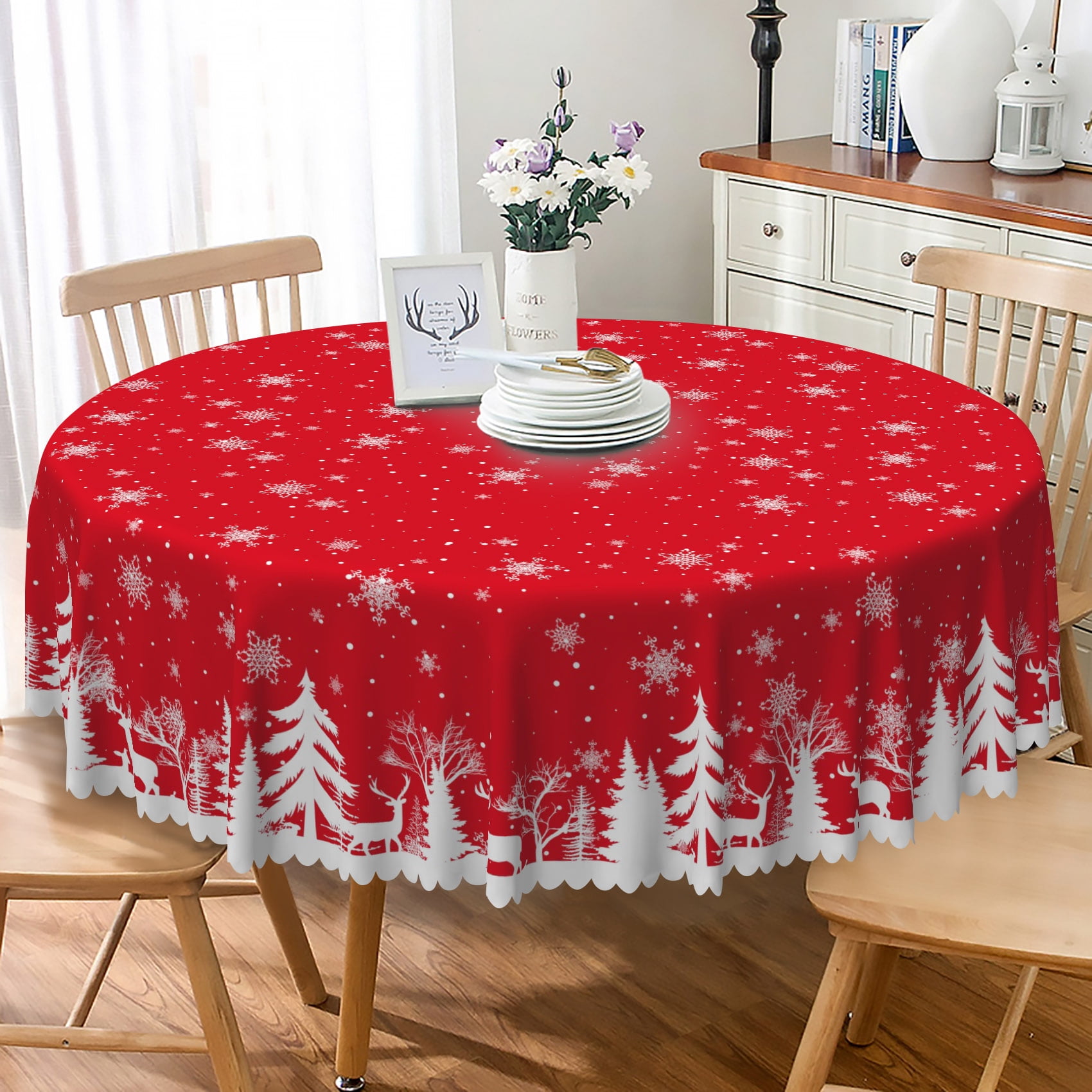 Nanqianyi White Snowflakes Christmas Red Round Tablecloth 60 Inch, Xmas ...