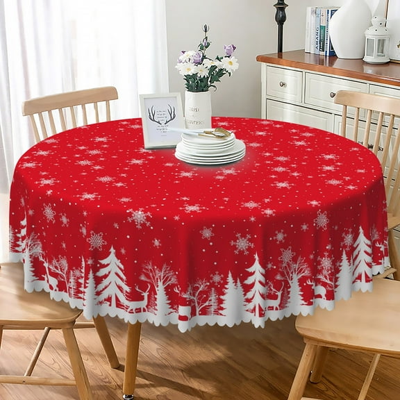 Nanqianyi White Snowflakes Christmas Red Round Tablecloth 70 Inch, Xmas Tree Pattern for Holiday Party Kitchen Dinner Decor