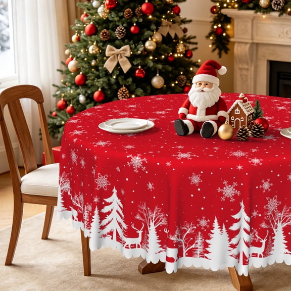 Nanqianyi White Snowflakes Christmas Red Round Tablecloth 70 Inch, Xmas Tree Pattern for Holiday Party Kitchen Dinner Decor
