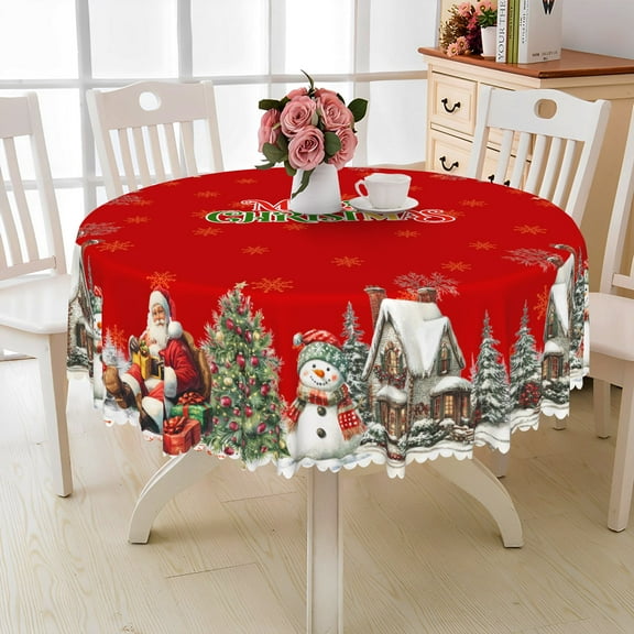 Nanqianyi White Snowman Christmas Round Tablecloth 70 Inch, Santa Claus Pattern for Winter Holiday Party Kitchen Dinner Decor