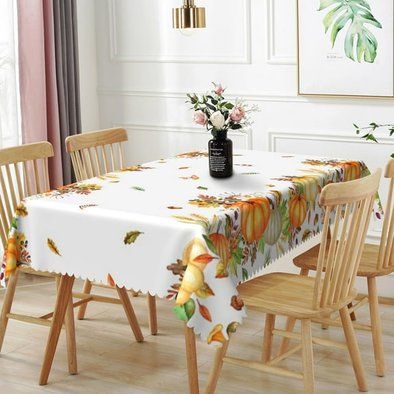 Nanqianyi White Tablecloth with Pumpkin Fall Leaves Pattern for Kitchen Table Cloth, Dinning, Party Decoration,54" x 72"