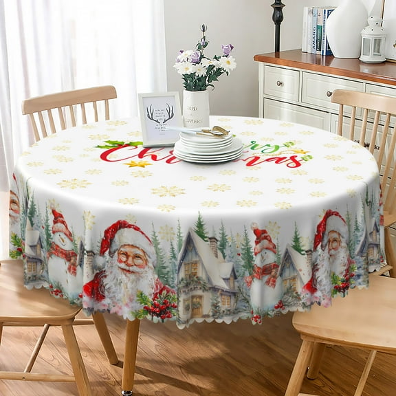 Nanqianyi Winter Christmas Round Tablecloth 70 Inch, Santa Claus & Snowman Printed Stain Resistant Table Cover for Holiday Kitchen Decor