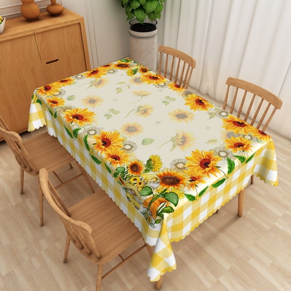 Nanqianyi Yellow Plaid Sunflowers Tablecloth Rectangle 60 x 84 Inch, Waterproof Resistant Durable Floral Table Cloth for Kitchen Party Supplies