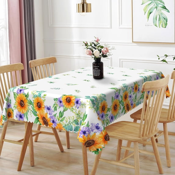 Nanqianyi Yellow Sunflower Tablecloth Rectangle 60 x 102 Inch, Green Leaf Printed Washable Polyester Fabric Table Cloth for Kitchen Dining Decor