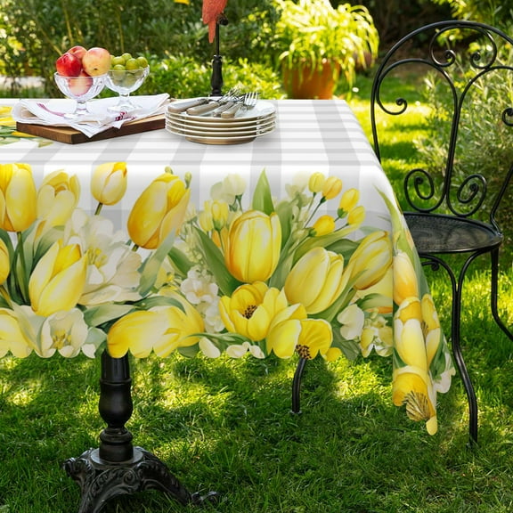 Nanqianyi Yellow Tulip Checkered Tablecloth Waterproof & Oil 52" x 70" Washable Table Cover For Kitchen Decor