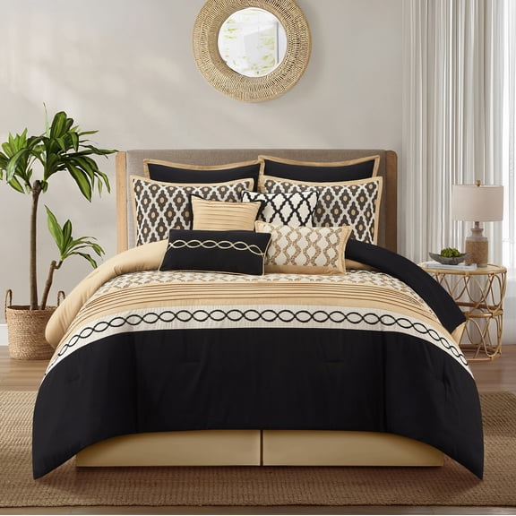 Nanshing 10 Piece Comforter Set, Queen, Black Gold