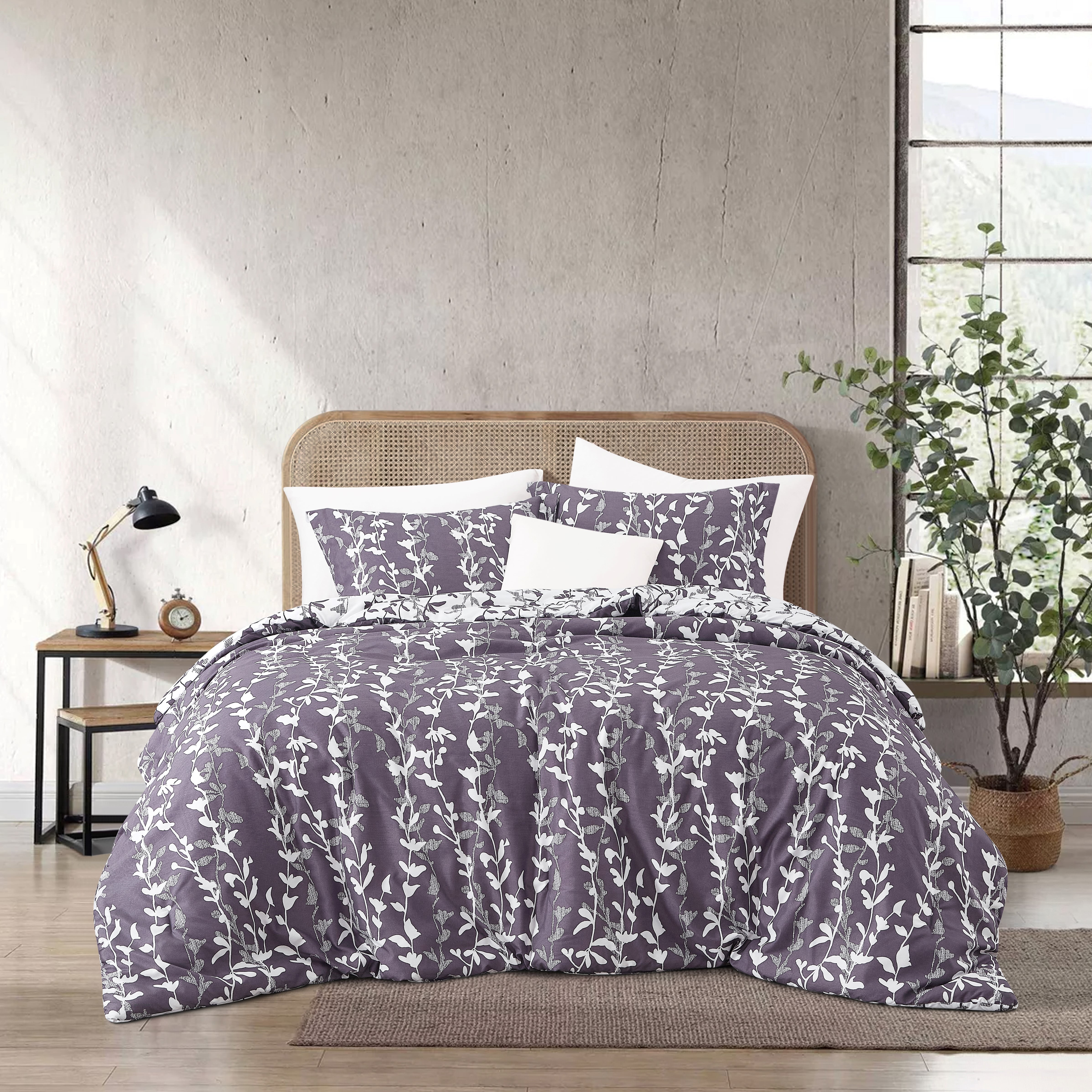 Nanshing 3 Piece Grayish Purple Comforter Set, Queen Size Solid Microfiber Print Bedding Set,All Season Leaves Bedding