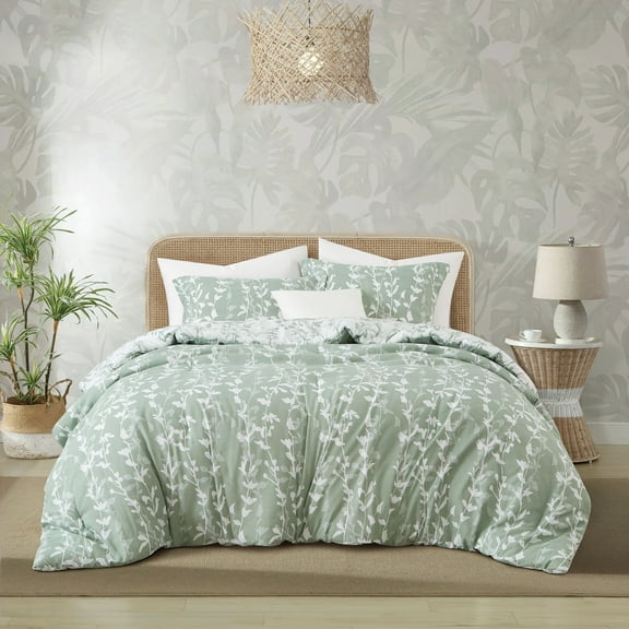Nanshing 3 Piece Sage Green Comforter Set, Full Size Solid Microfiber Print Bedding Set,All Season Leaves Bedding