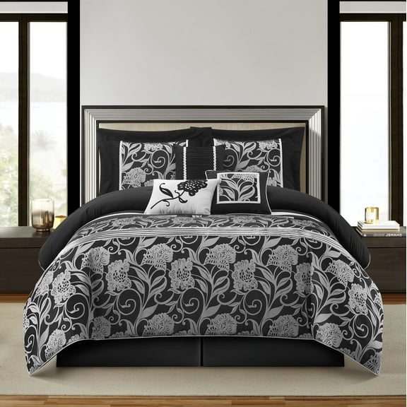 Nanshing 7 Piece Comforter Set, Queen, Black Sliver