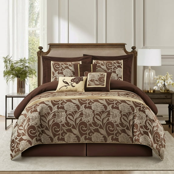 Nanshing 7 Piece Comforter Set, Queen, Brown Gold