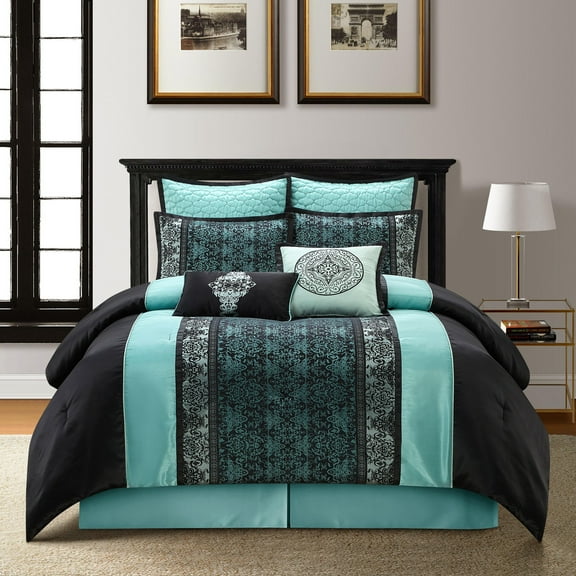 Nanshing Arabesque 8 Piece Damask Jacquard Comforter Set, Black/Blue, Queen
