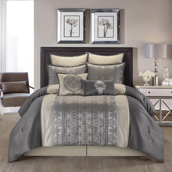 Nanshing Arabesque 8 Piece Damask Jacquard Comforter Set, Silver, Queen