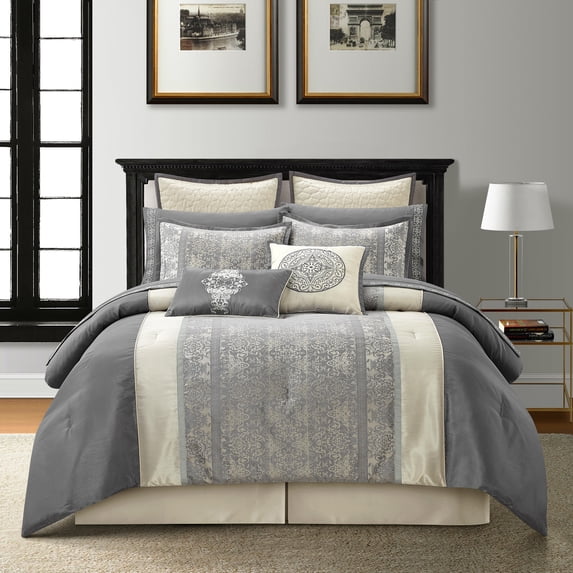 Nanshing Arabesque7 Piece Luxury Traditional Comforter Set, Grey, Queen