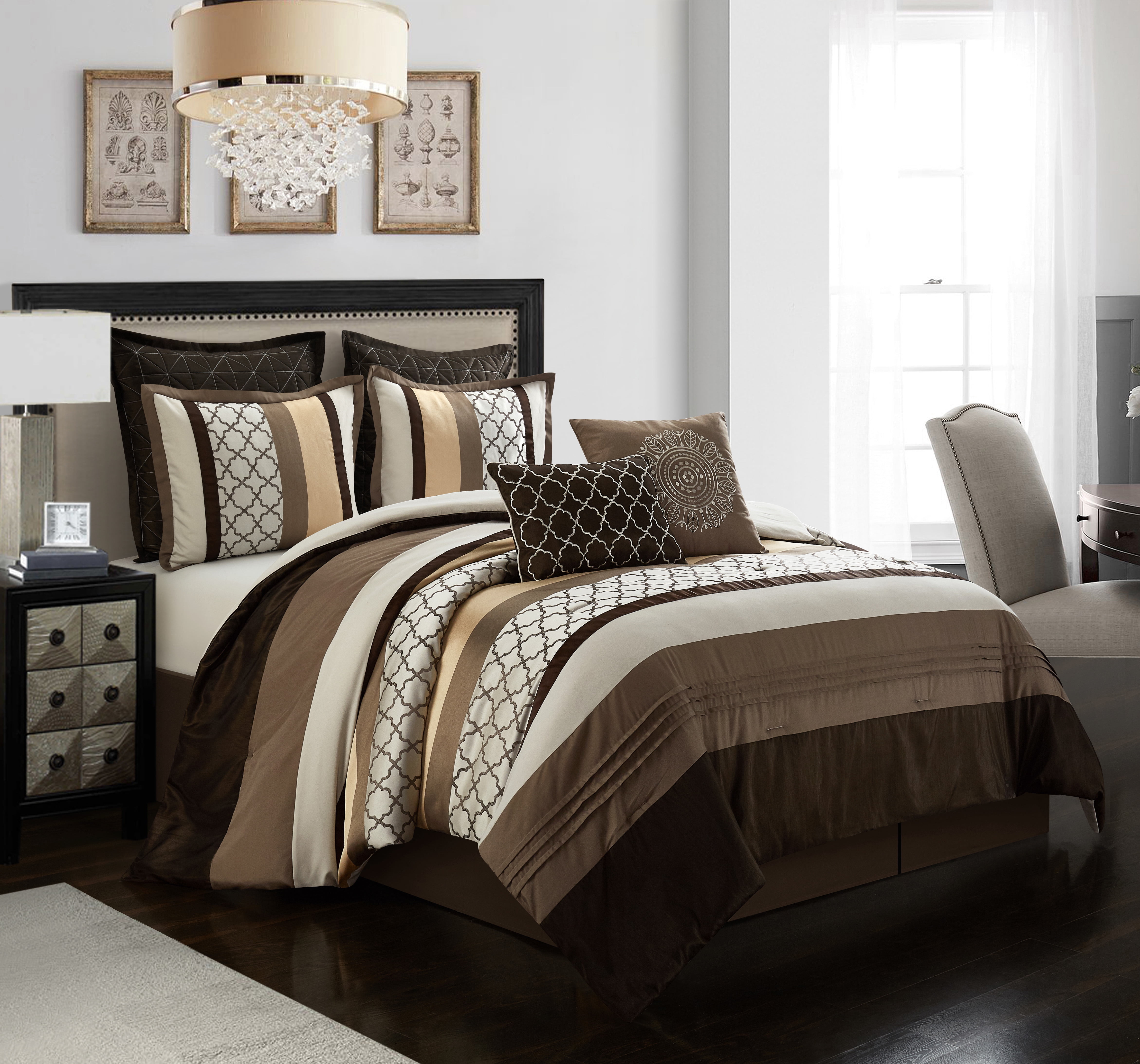 Brown and Gold Microfiber Queen Comforter Set with Decorative Pillows