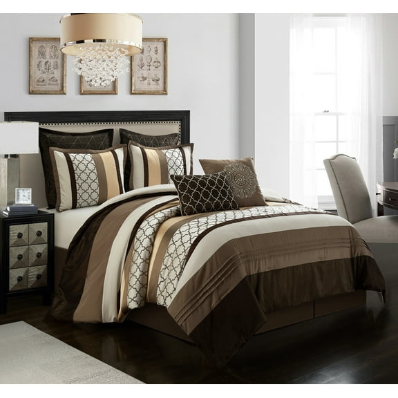 Nanshing Avalon 8 Piece Bedding Comforter Set with BONUS Shams and 2 BONUS PIllows, Full/Queen, Brown