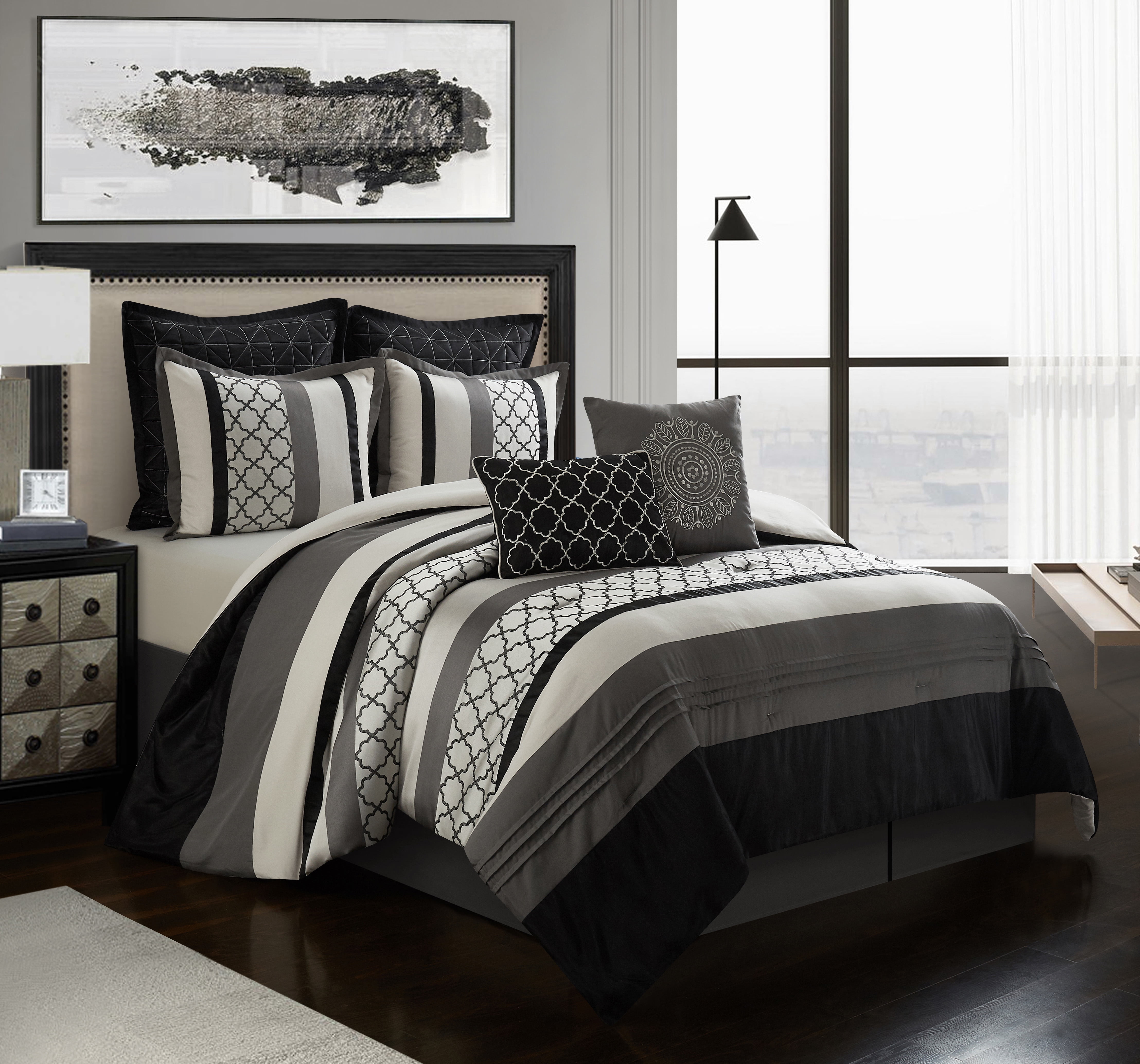 Black and Gray Queen Microfiber 8-Piece Comforter Set