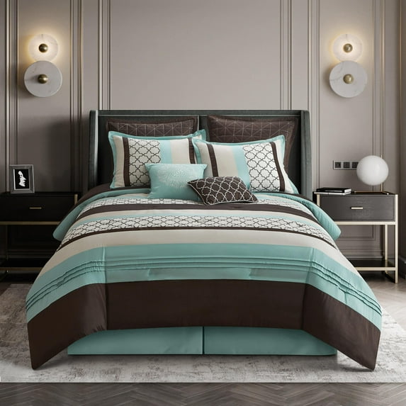 Nanshing Avalon 8 Piece Trellis Moroccan Print Comforter Set, Aqua/Brown, California King