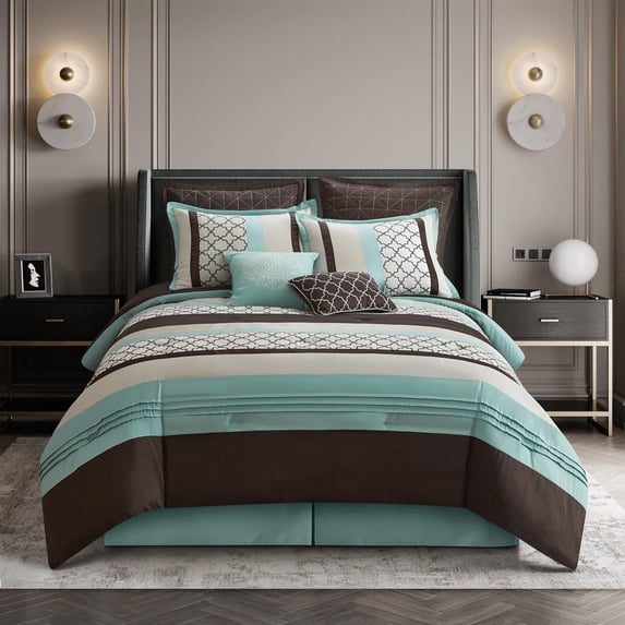 Nanshing Avalon 8 Piece Trellis Moroccan Print Comforter Set, Aqua/Brown, Queen