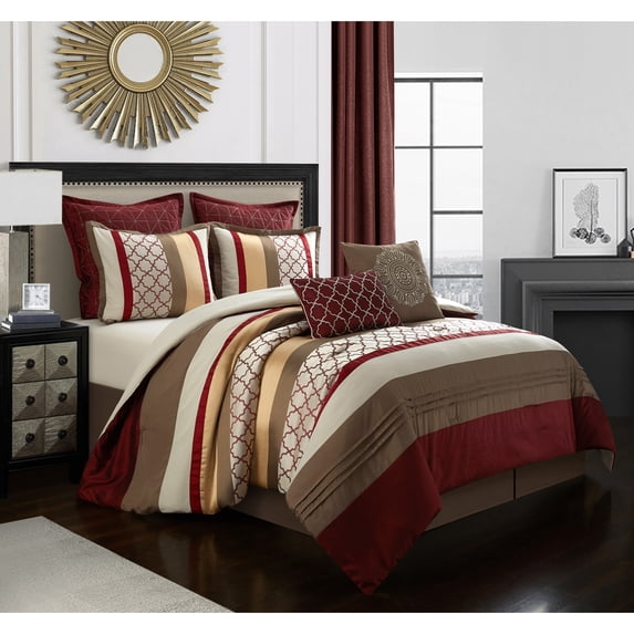Nanshing Avalon 8 Piece Trellis Moroccan Print Comforter Set, Berry/Taupe, California King