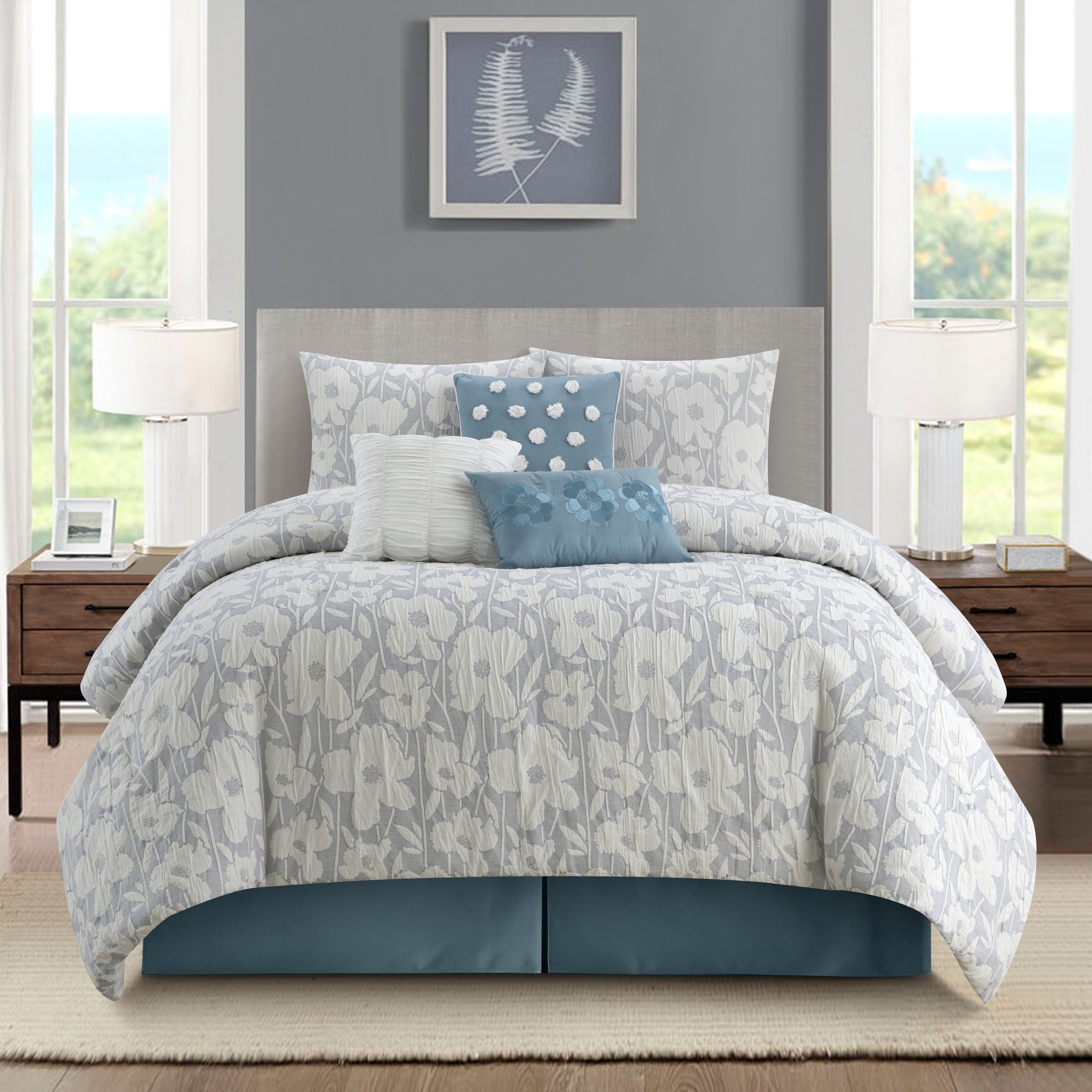 Nanshing Behati 7 Piece Modern Floral Comforter Set Light Blue Queen