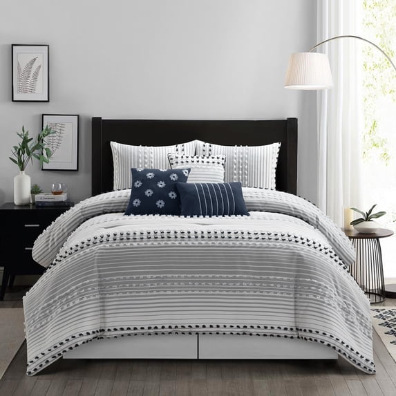 Nanshing Betty 7 Piece Boho Chic Stripes Comforter Set, Blue, Queen